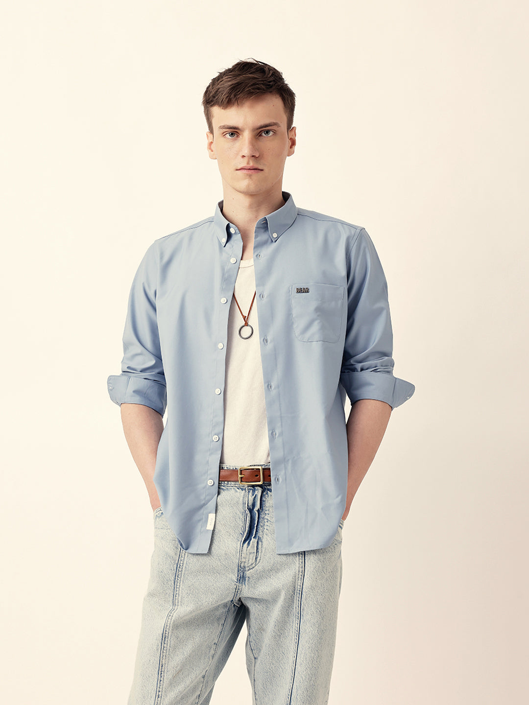 Light Blue Solid Slim Fit Casual Shirt with a Classic Semi-Formal Look