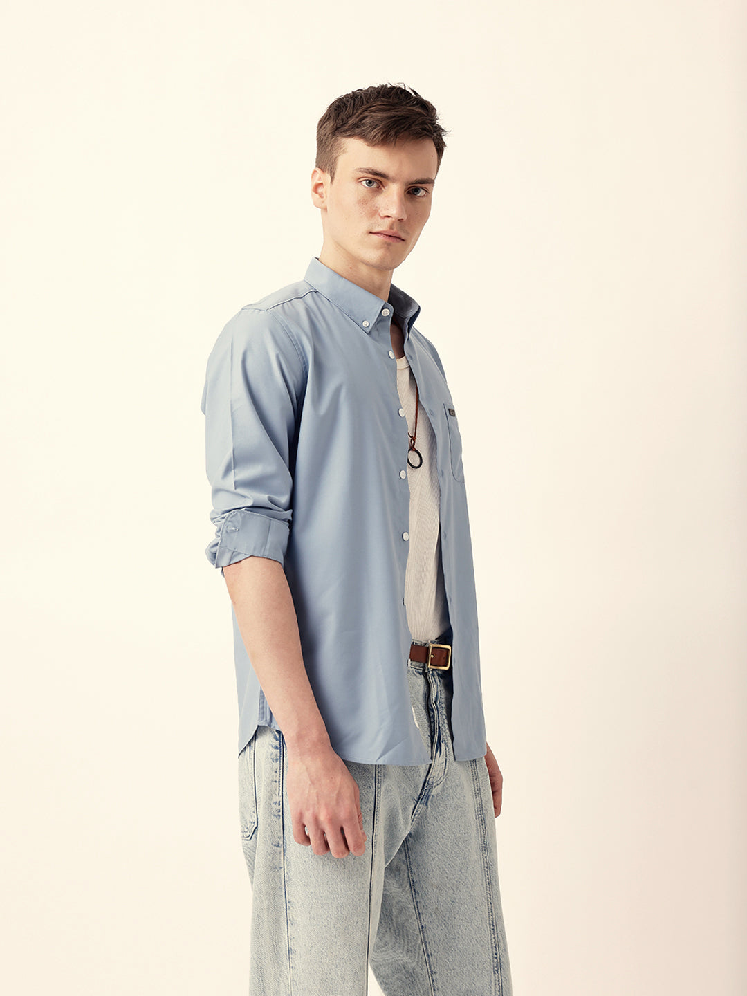 Light Blue Solid Slim Fit Casual Shirt with a Classic Semi-Formal Look