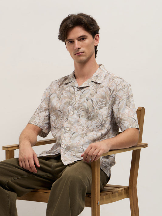 Multicolor Tropical Leaf Print Oversized Fit Half Sleeve Shirt