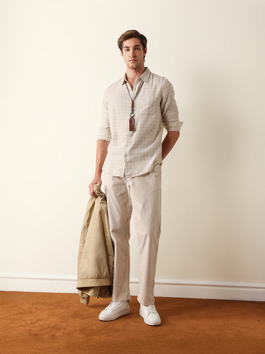 Cream Slim Fit Casual Shirt with Woven Block Check Pattern
