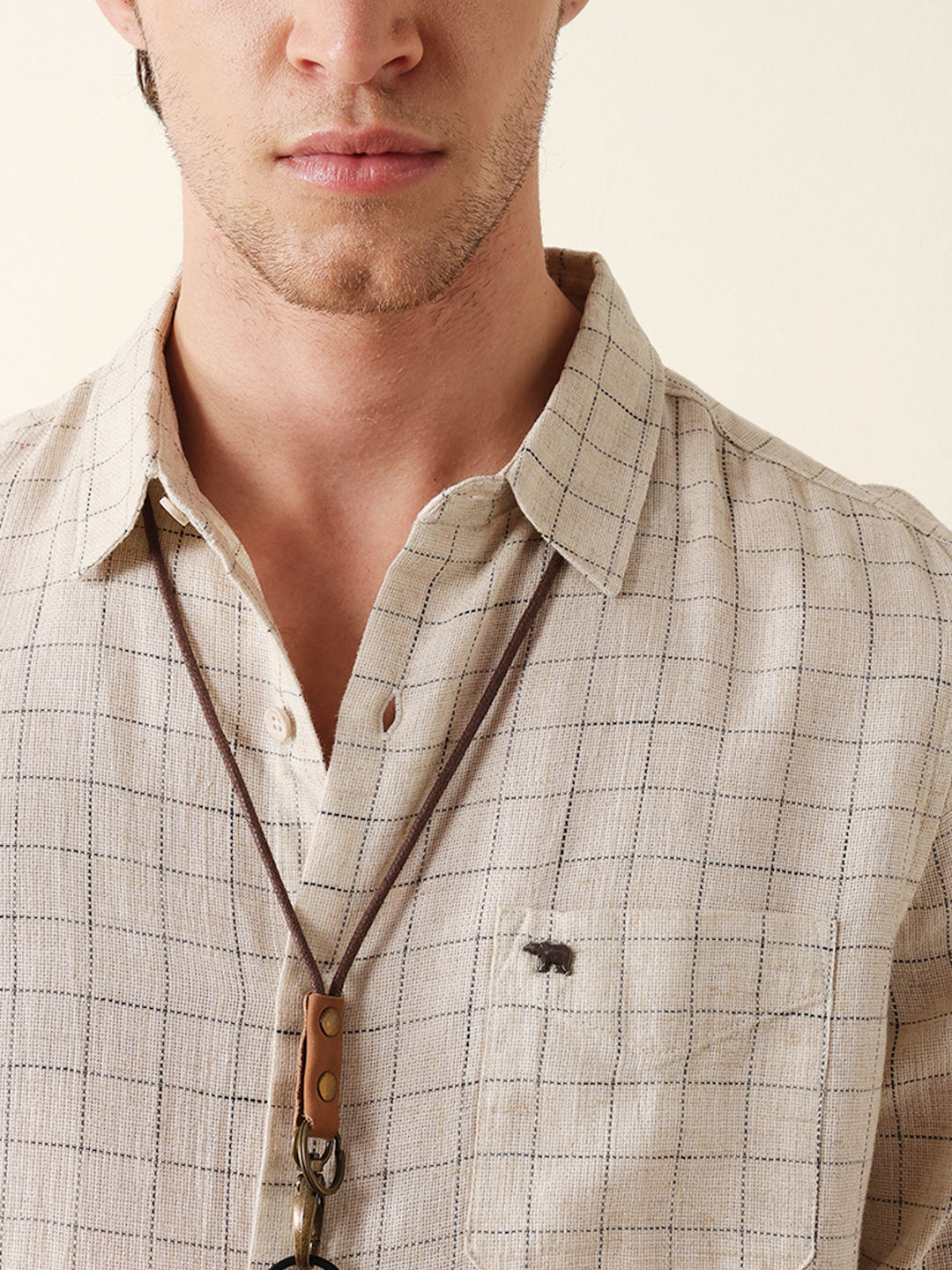 Cream Slim Fit Casual Shirt with Woven Block Check Pattern
