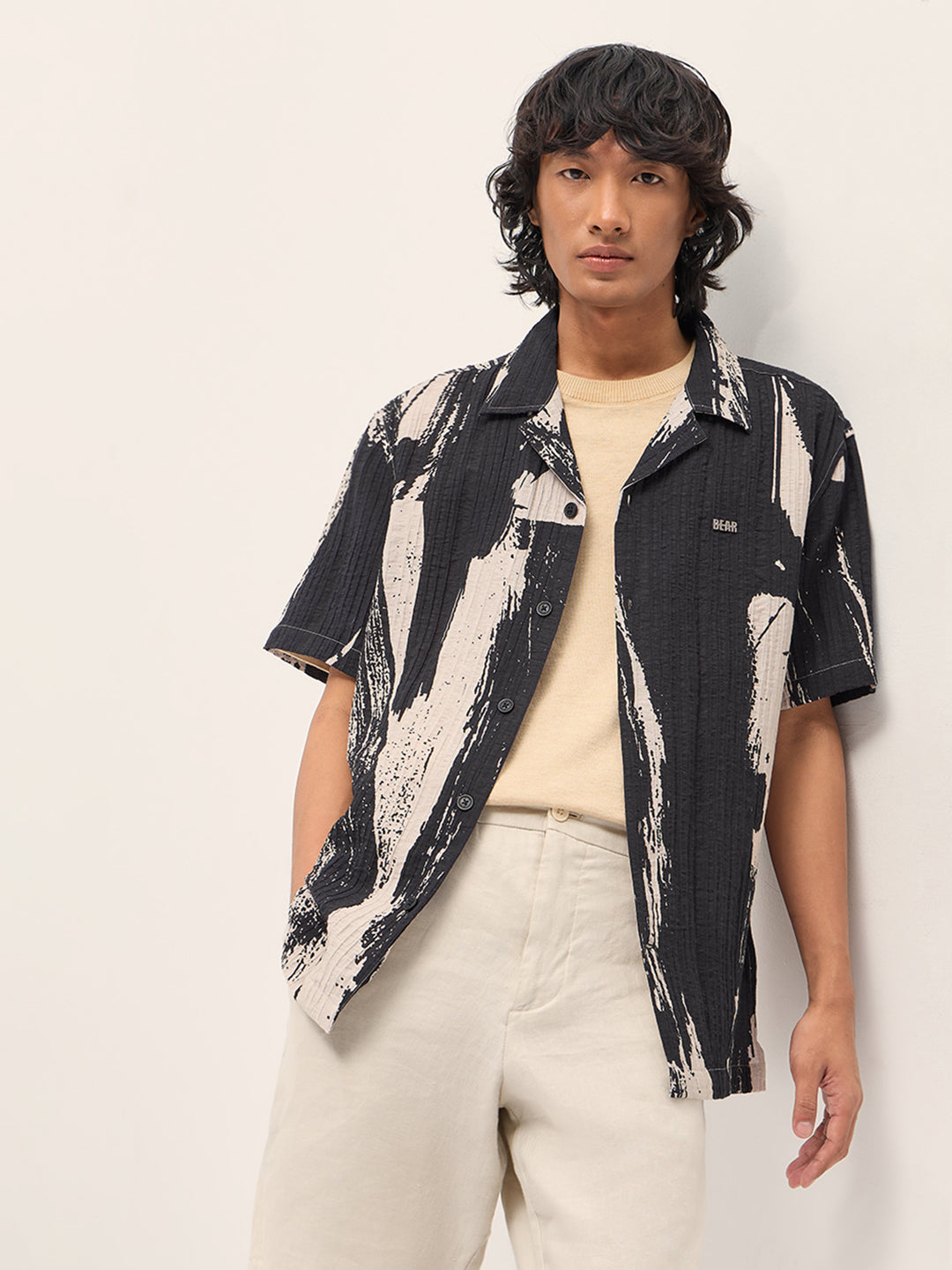 Black Viscose Abstract print Relaxed Fit Cuban Collar Shirt