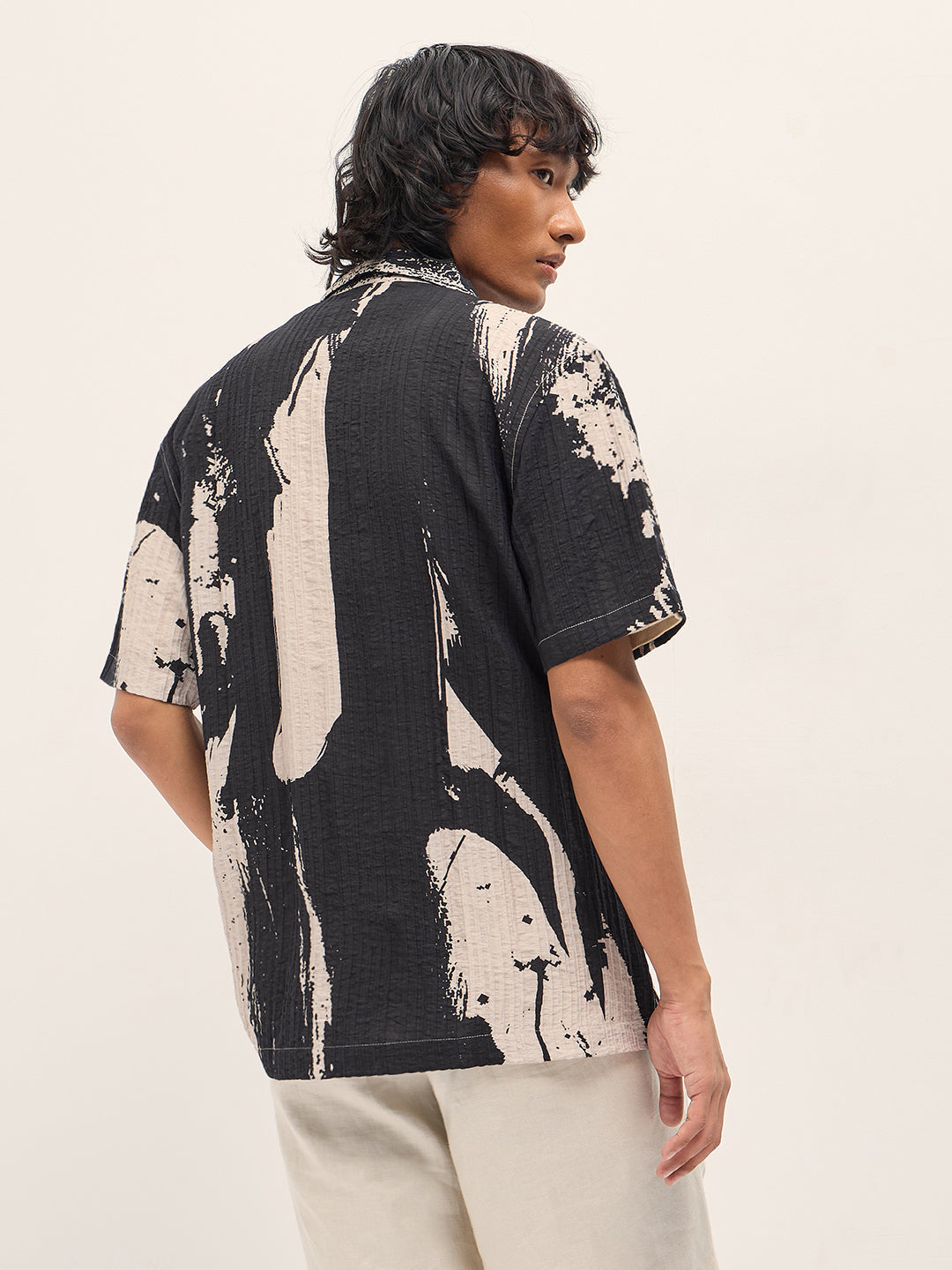 Black Viscose Abstract print Relaxed Fit Cuban Collar Shirt