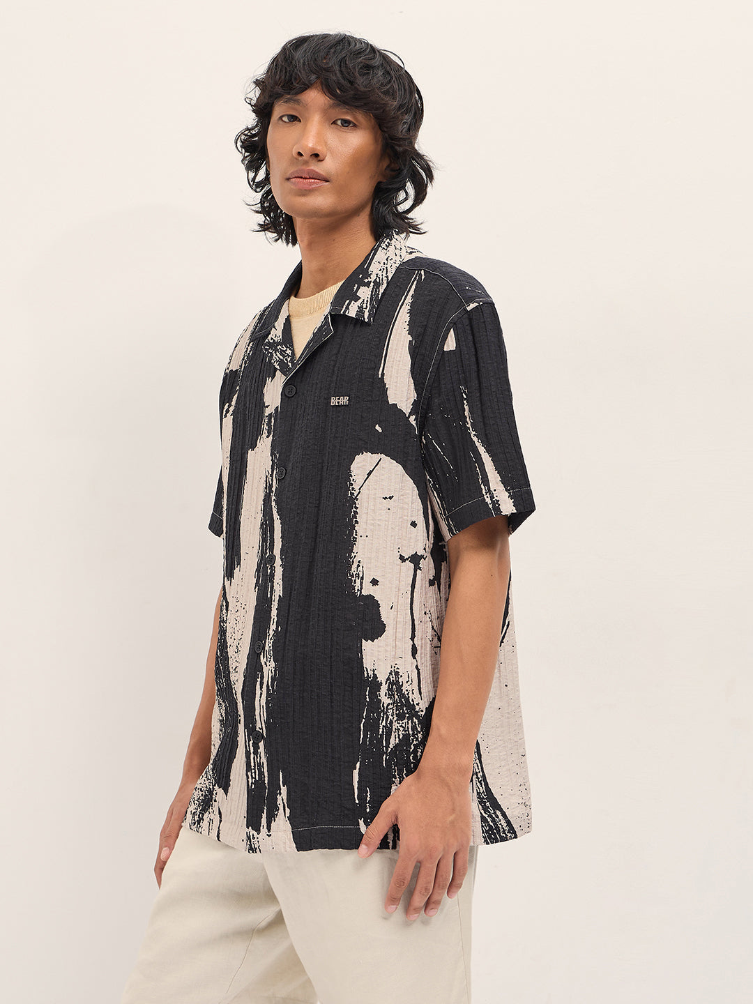 Black Viscose Abstract print Relaxed Fit Cuban Collar Shirt