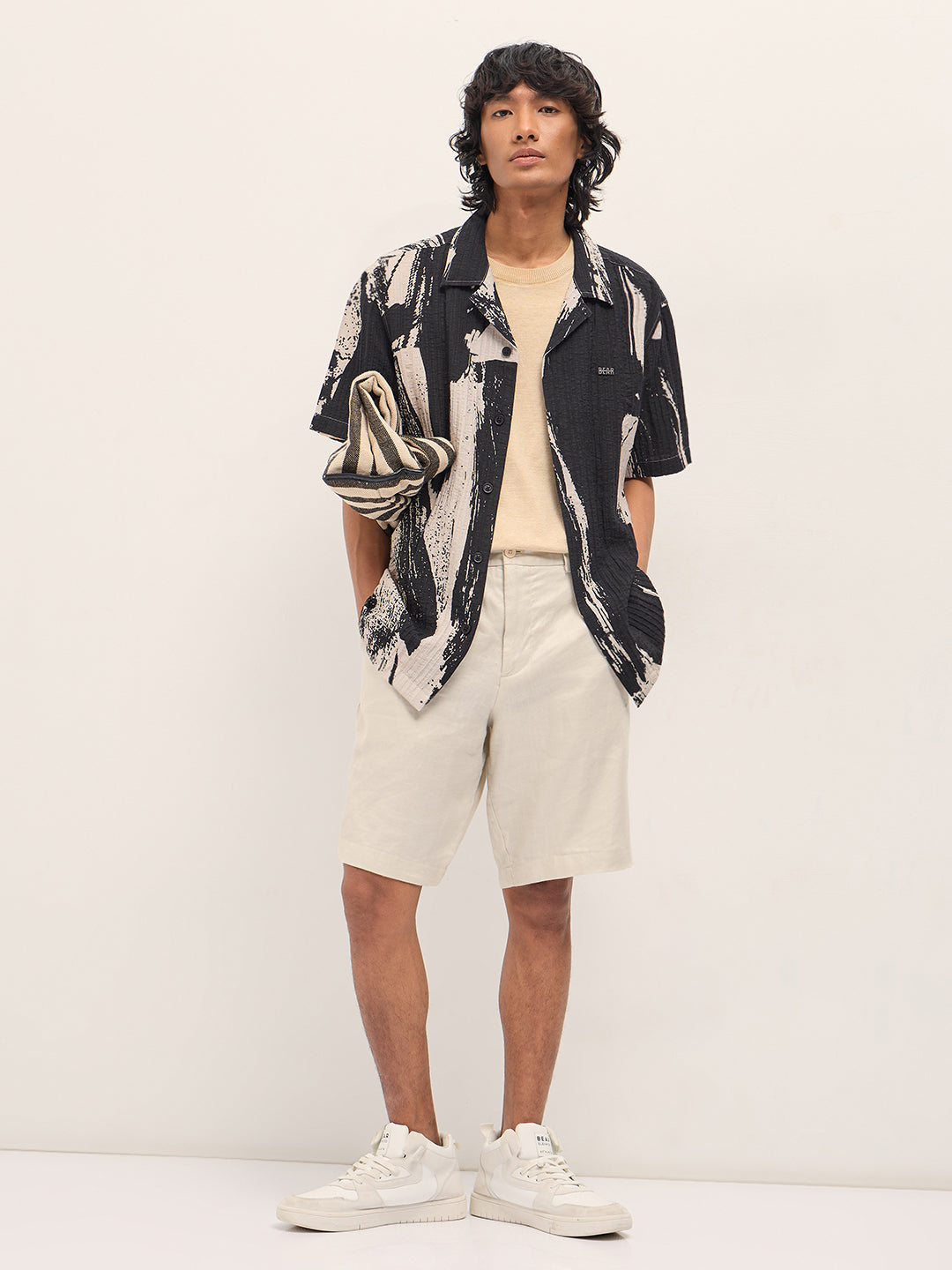 Black Viscose Abstract print Relaxed Fit Cuban Collar Shirt