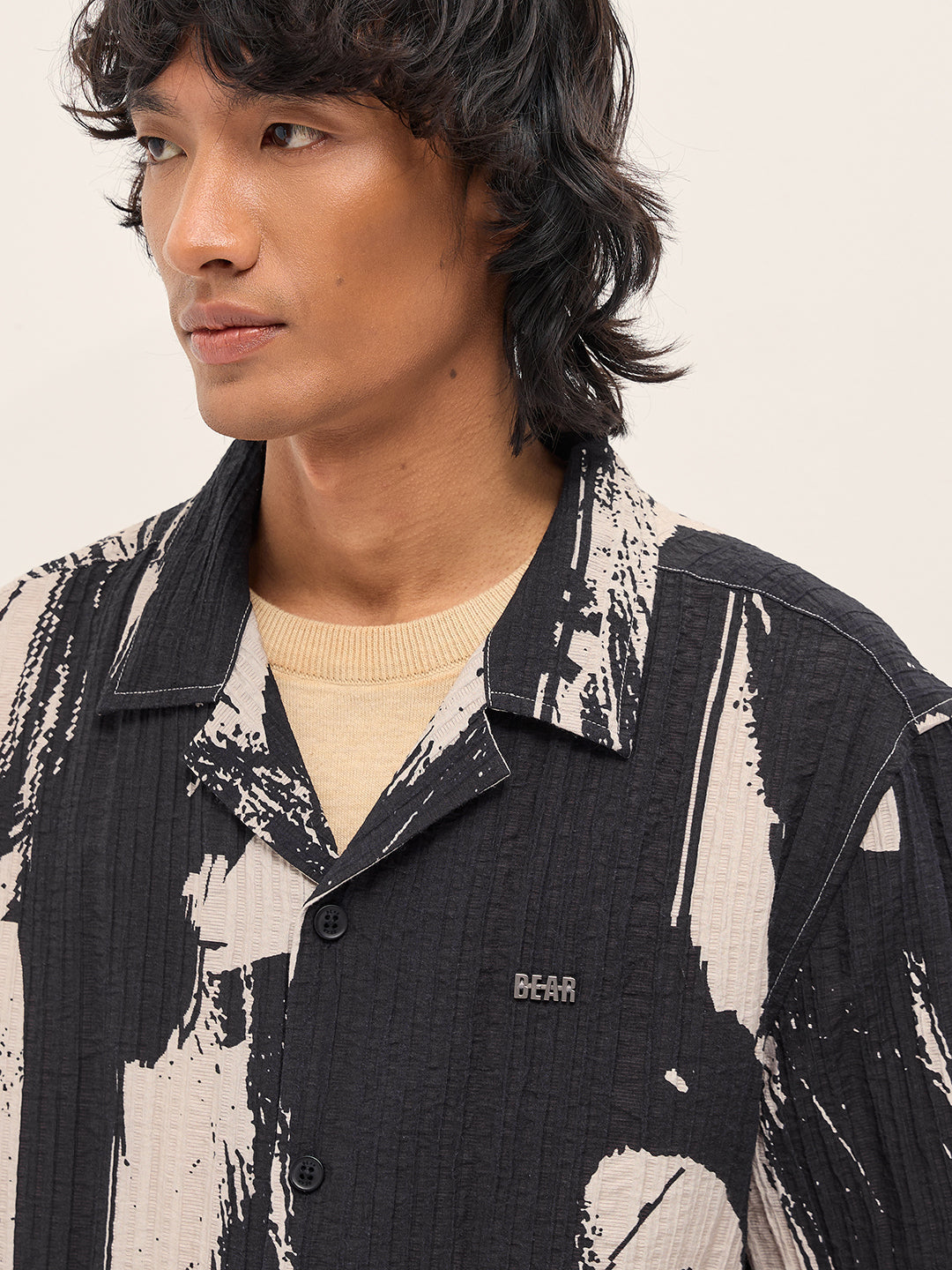 Black Viscose Abstract print Relaxed Fit Cuban Collar Shirt