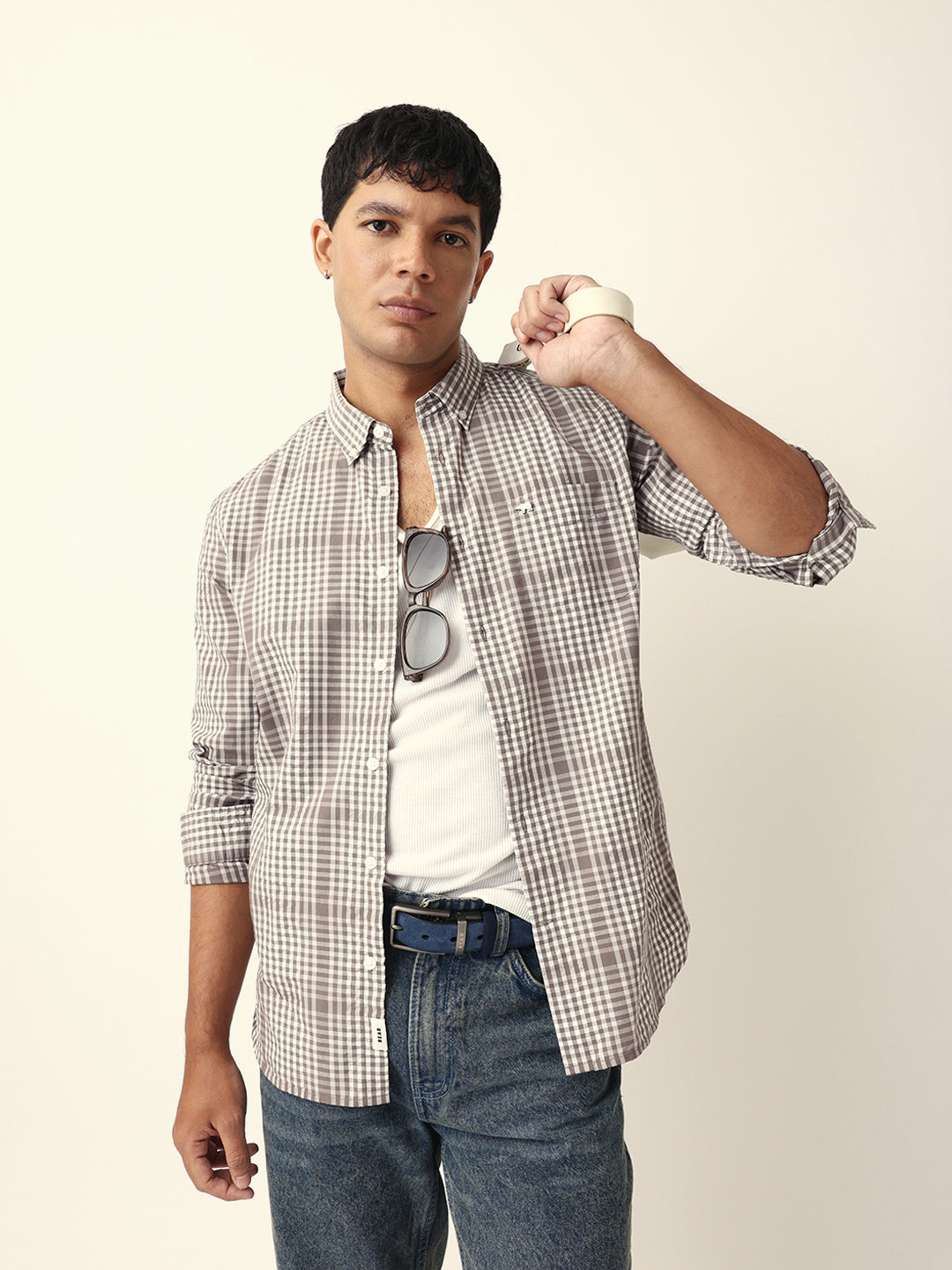 Brown & White Woven Micro Checked Slim Fit Casual Shirt