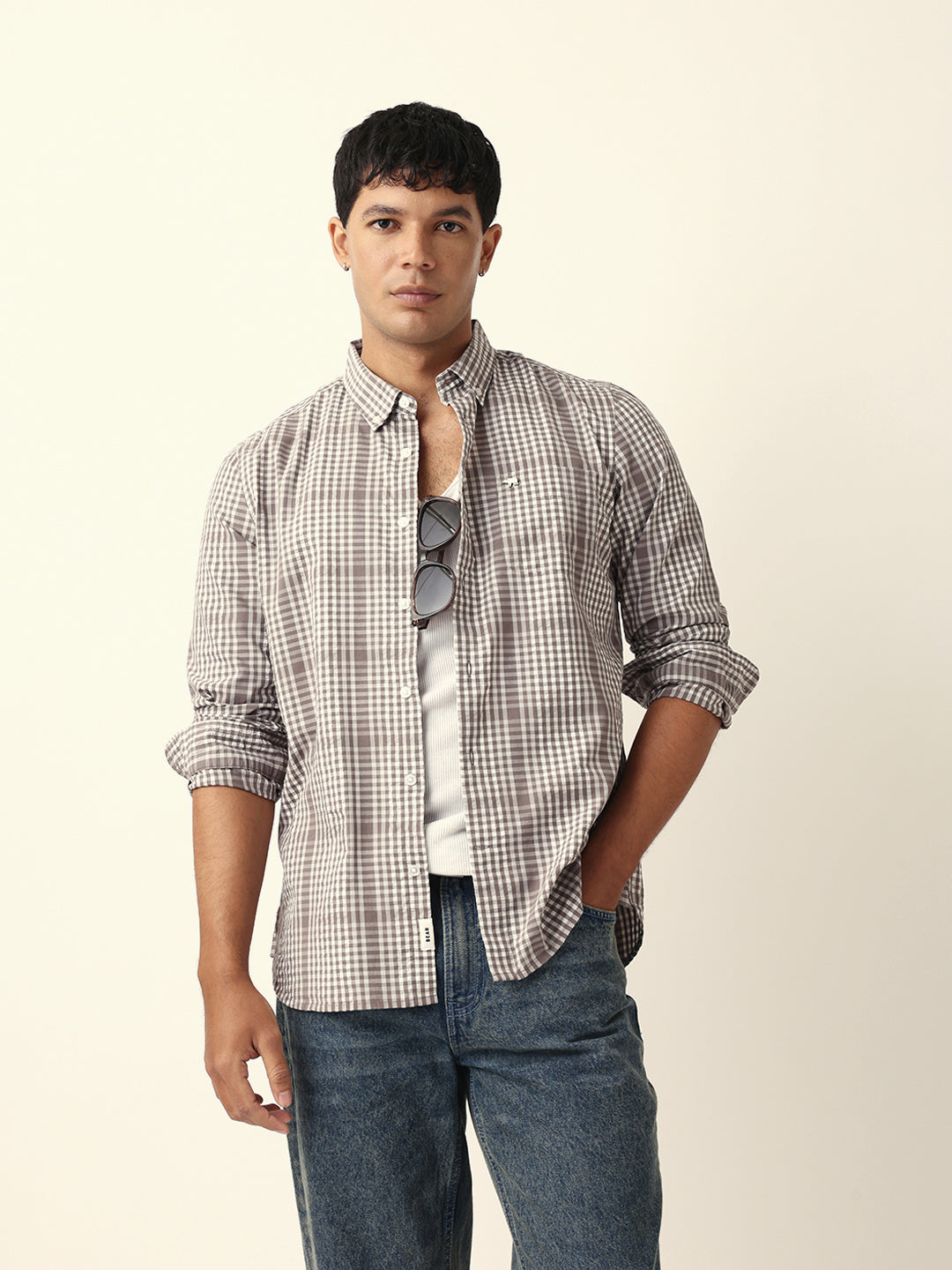 Brown & White Woven Micro Checked Slim Fit Casual Shirt
