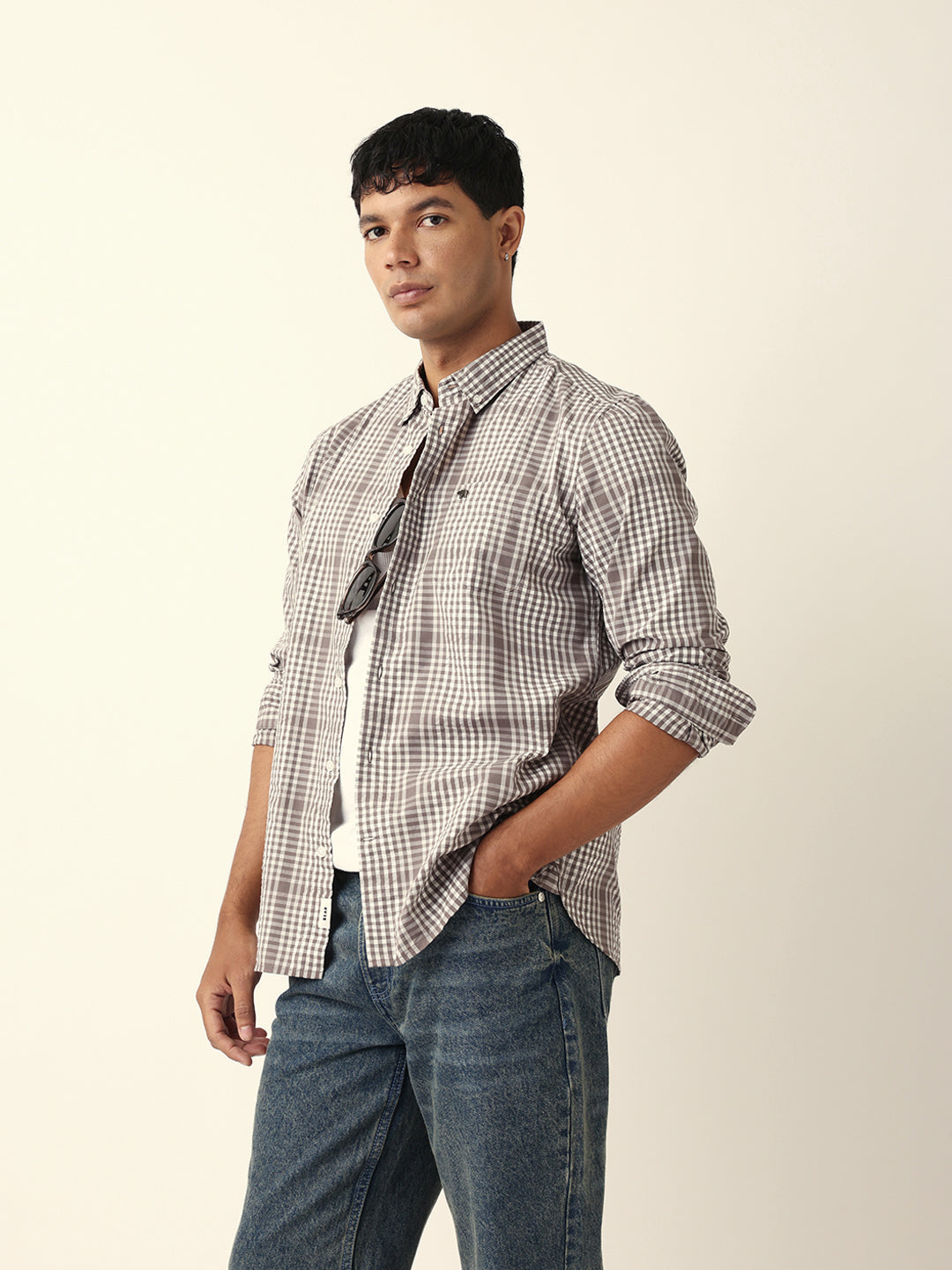 Brown & White Woven Micro Checked Slim Fit Casual Shirt