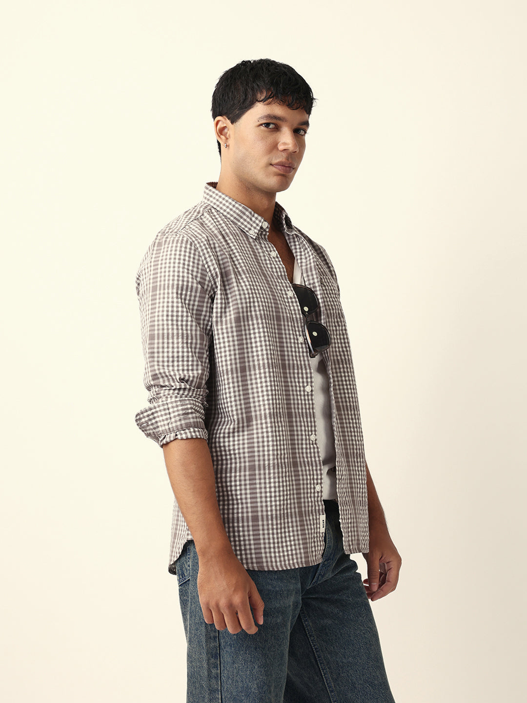 Brown & White Woven Micro Checked Slim Fit Casual Shirt