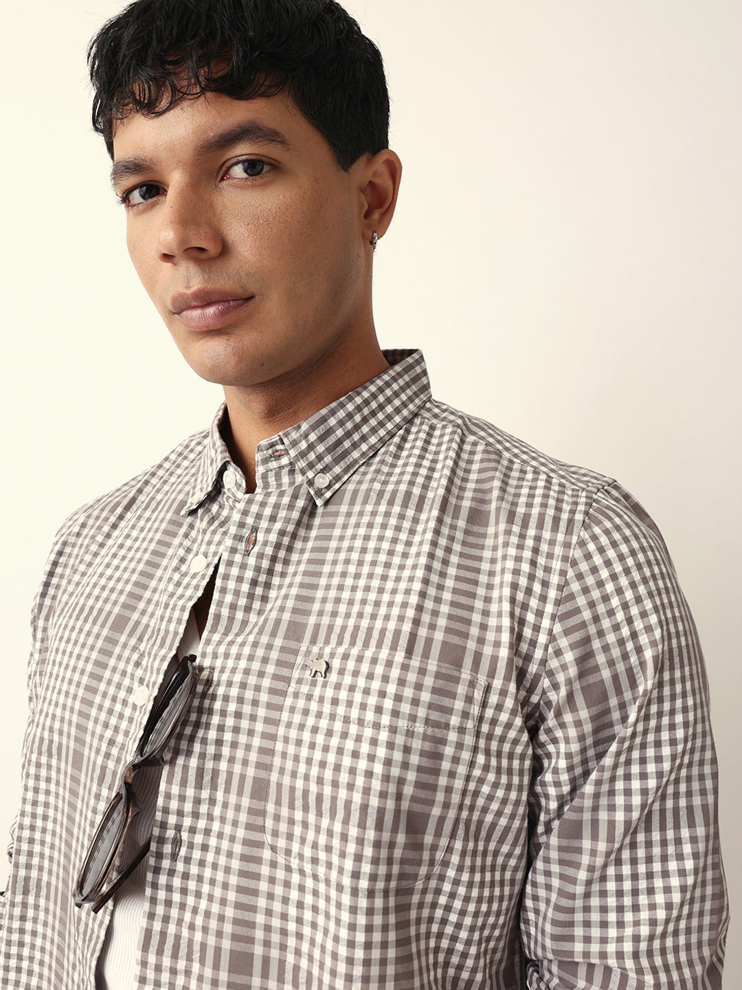 Brown & White Woven Micro Checked Slim Fit Casual Shirt