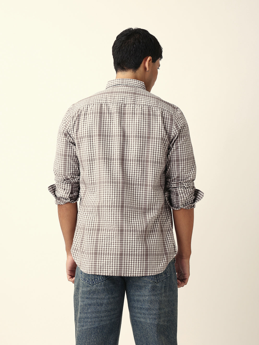 Brown & White Woven Micro Checked Slim Fit Casual Shirt