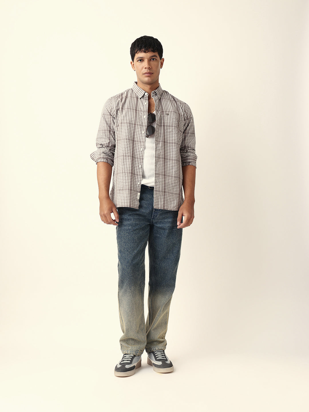 Brown & White Woven Micro Checked Slim Fit Casual Shirt