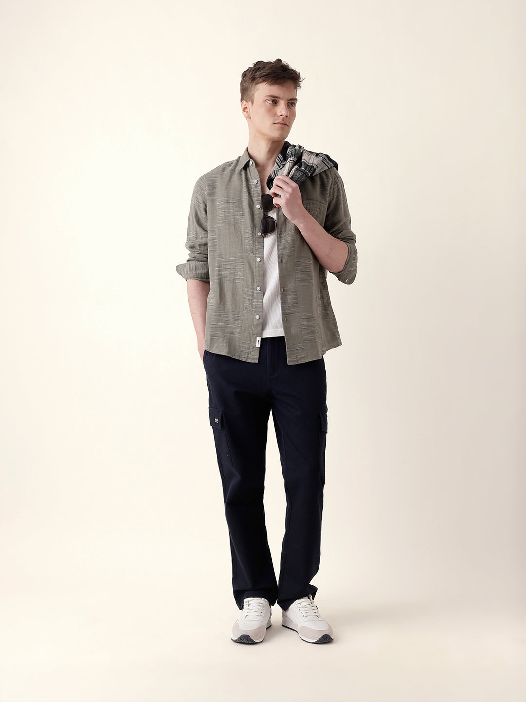Green Woven Patch Block Check Slim Fit Casual Shirt