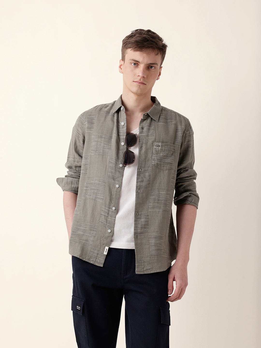Green Woven Patch Block Check Slim Fit Casual Shirt