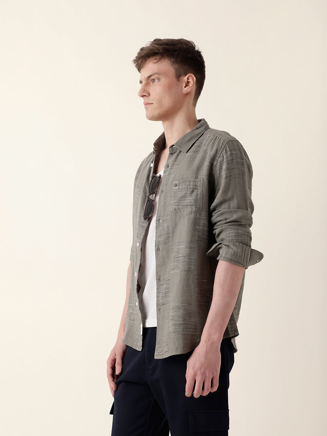Green Woven Patch Block Check Slim Fit Casual Shirt