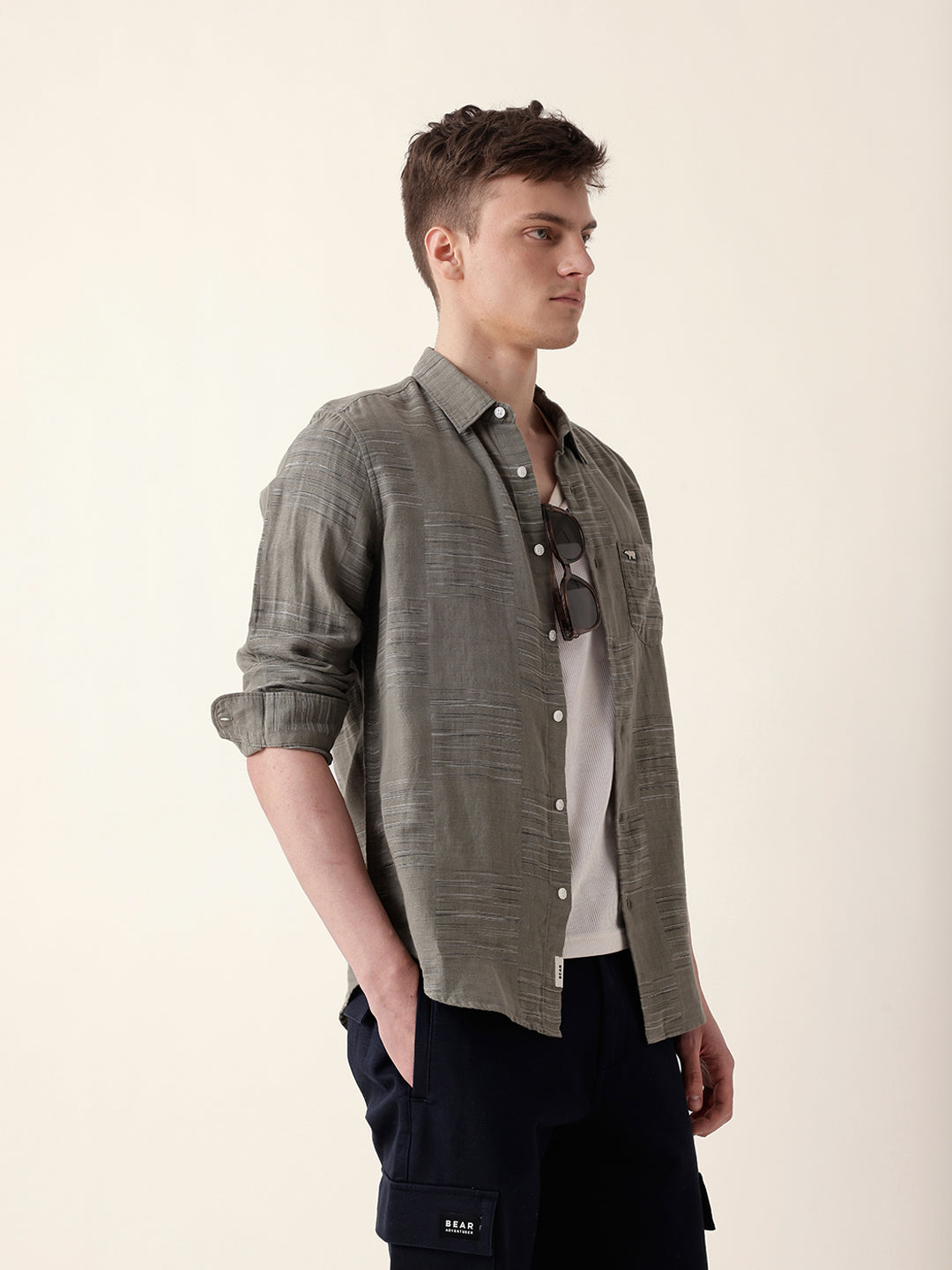 Green Woven Patch Block Check Slim Fit Casual Shirt