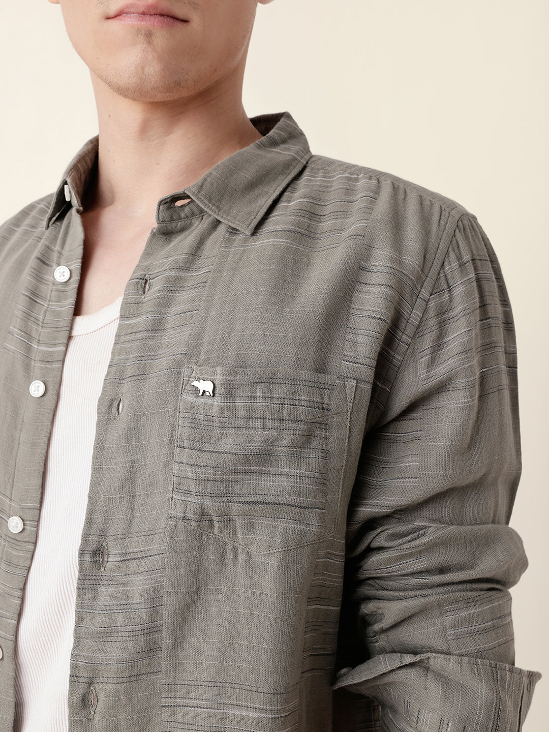 Green Woven Patch Block Check Slim Fit Casual Shirt