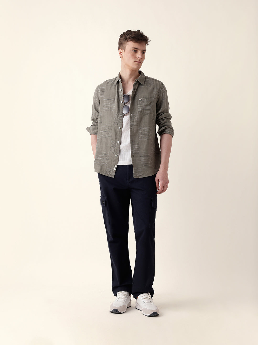 Green Woven Patch Block Check Slim Fit Casual Shirt