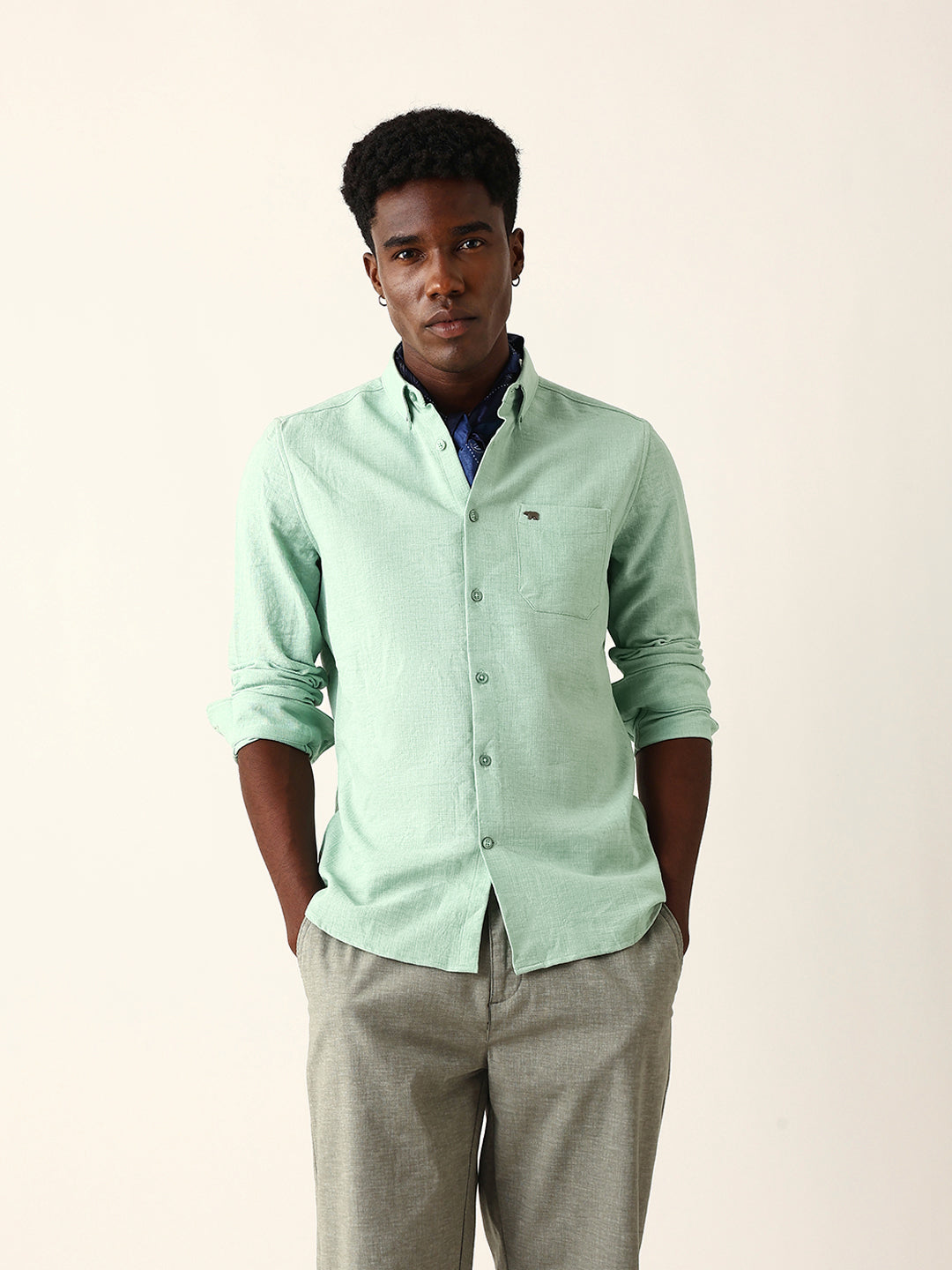 Light Green Slim Fit Casual Shirt with Woven Textured Design