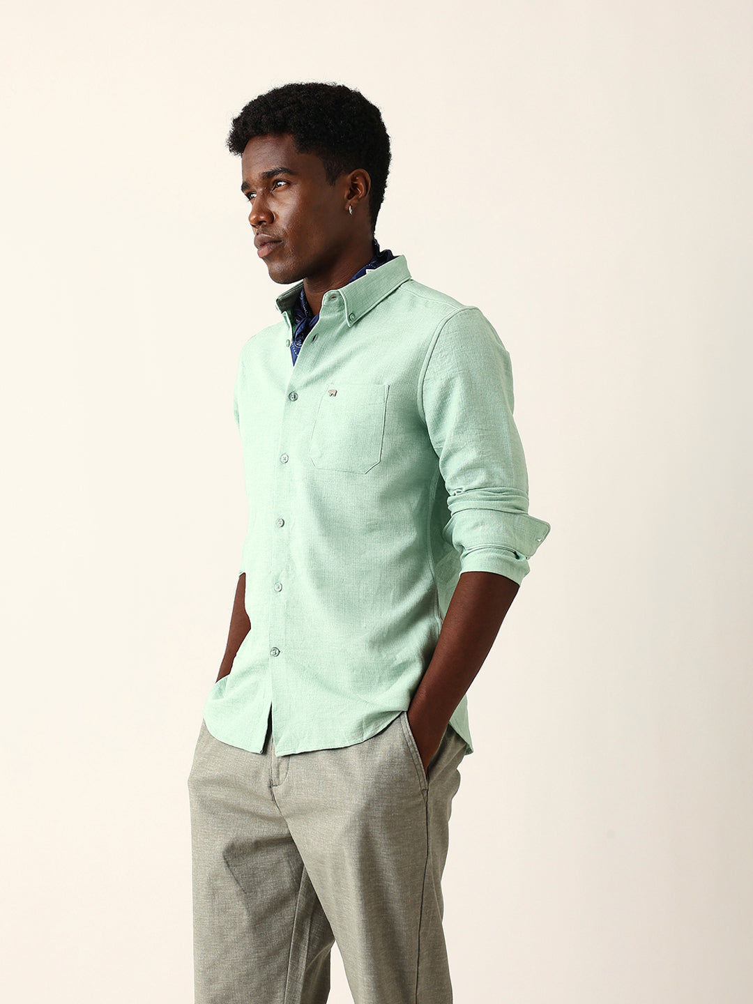 Light Green Slim Fit Casual Shirt with Woven Textured Design