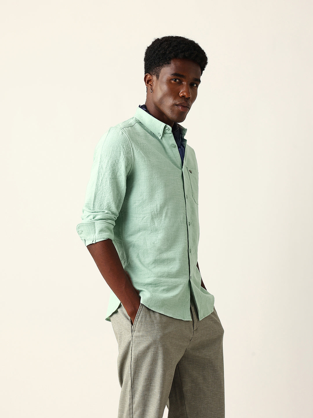 Light Green Slim Fit Casual Shirt with Woven Textured Design