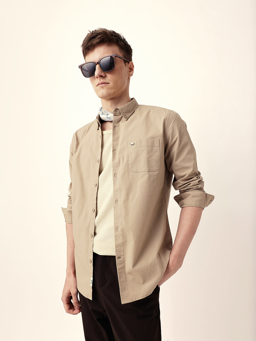 Beige Solid Slim Fit Casual Shirt with Button-Down Collar