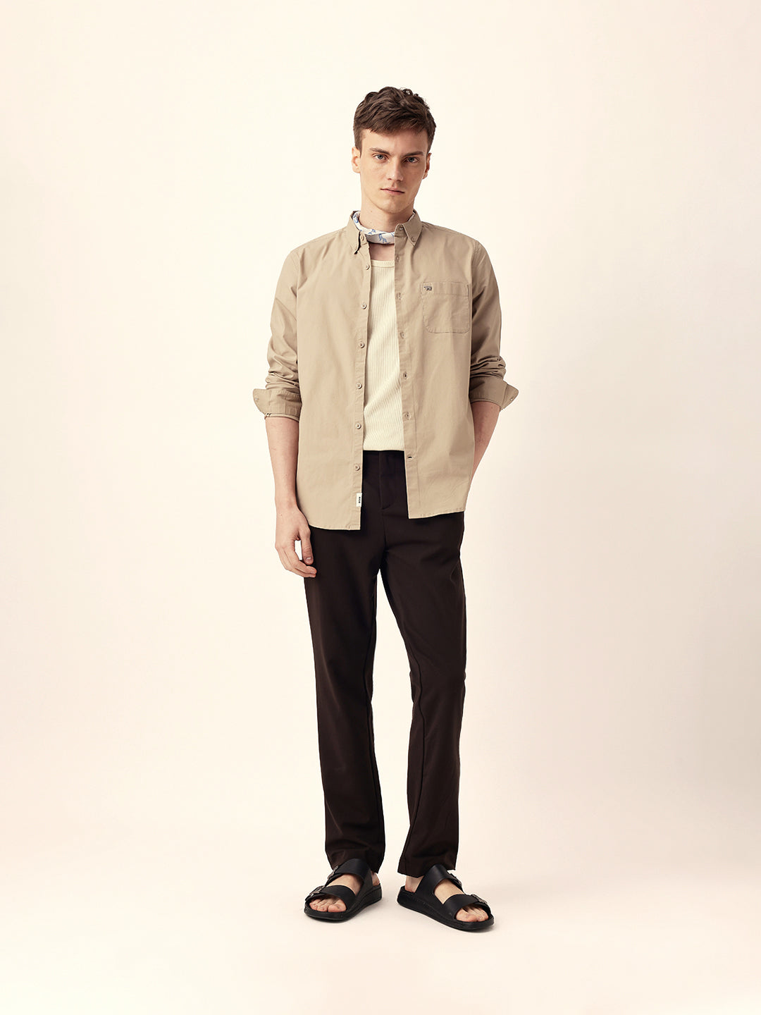 Beige Solid Slim Fit Casual Shirt with Button-Down Collar