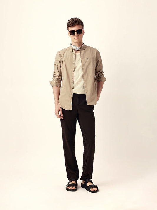 Beige Solid Slim Fit Casual Shirt with Button-Down Collar