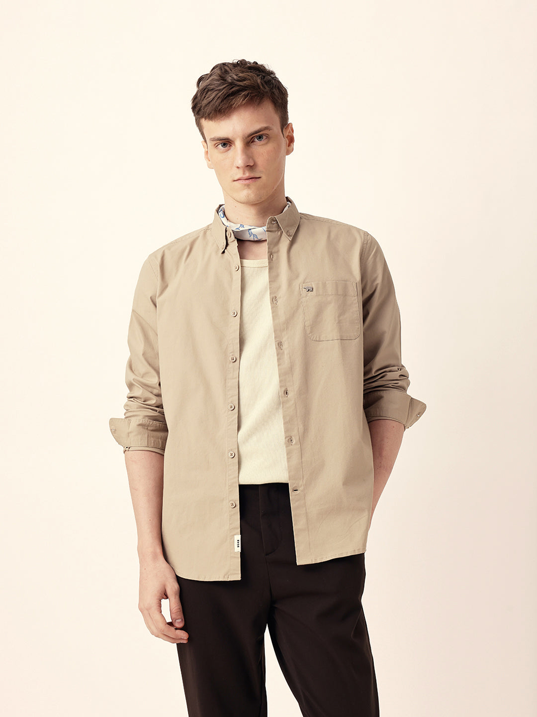 Beige Solid Slim Fit Casual Shirt with Button-Down Collar