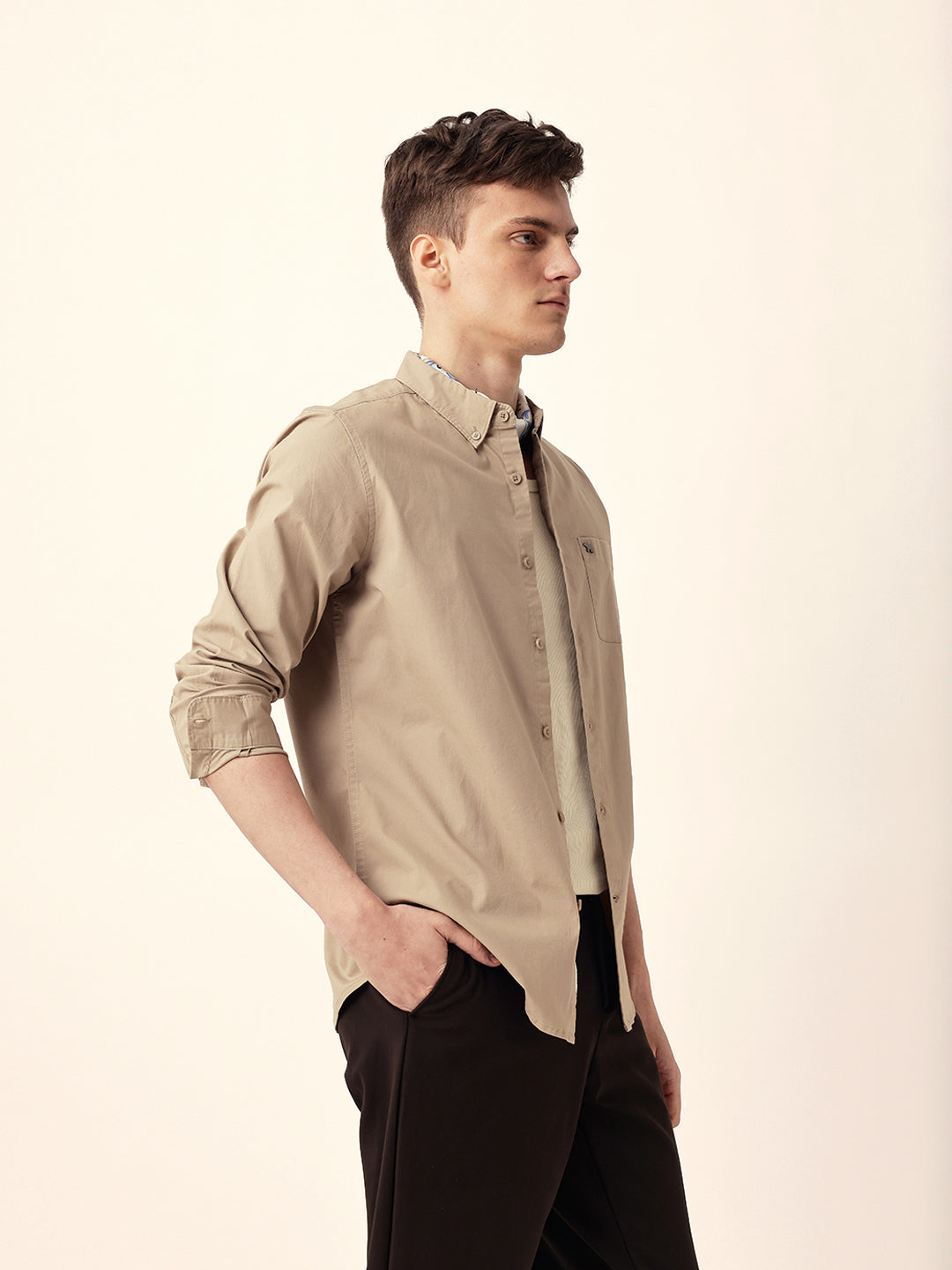 Beige Solid Slim Fit Casual Shirt with Button-Down Collar