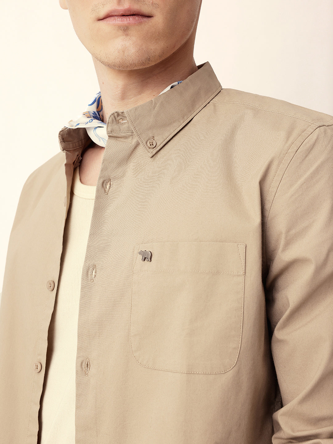 Beige Solid Slim Fit Casual Shirt with Button-Down Collar