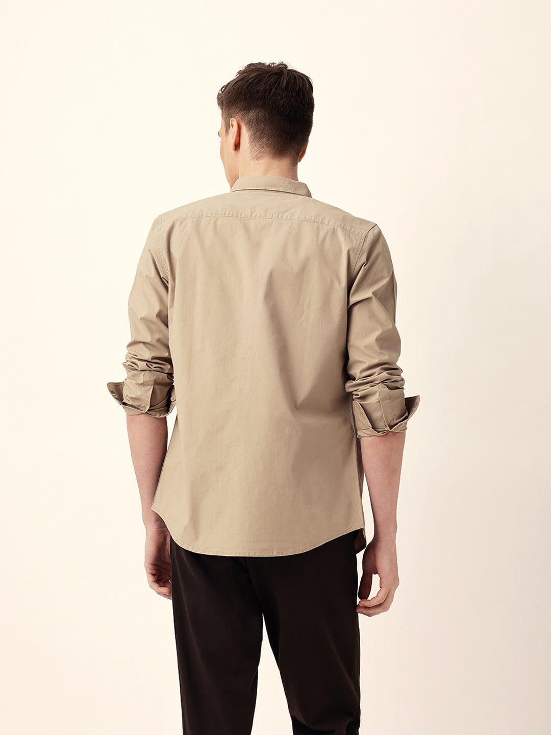 Beige Solid Slim Fit Casual Shirt with Button-Down Collar