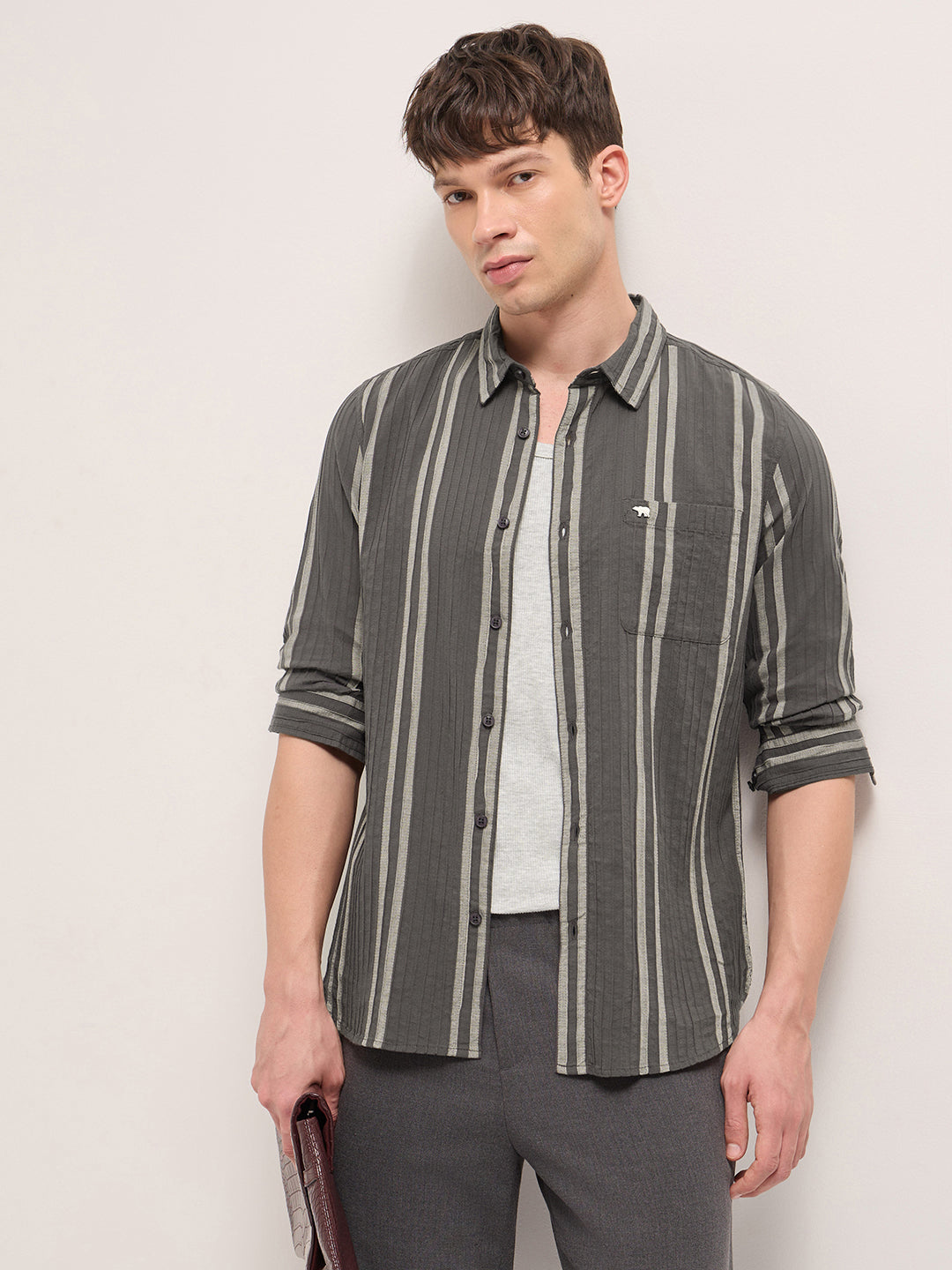 Grey Slim Fit Casual Shirt with Woven Vertical Textured Stripes