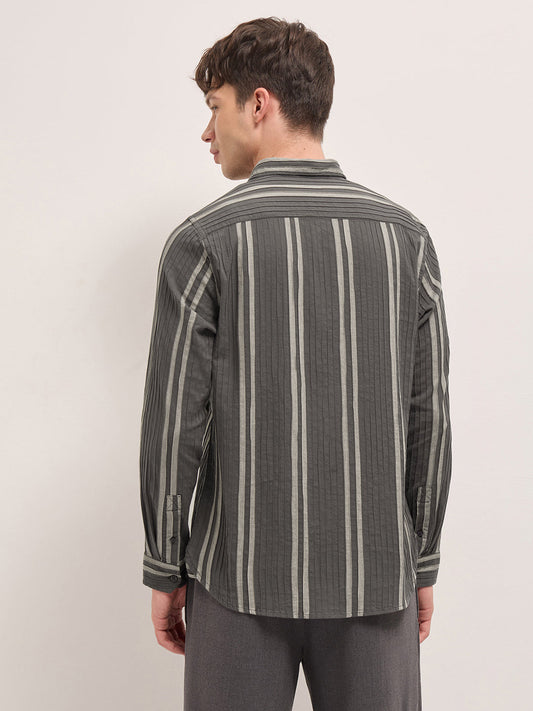 Grey Slim Fit Casual Shirt with Woven Vertical Textured Stripes