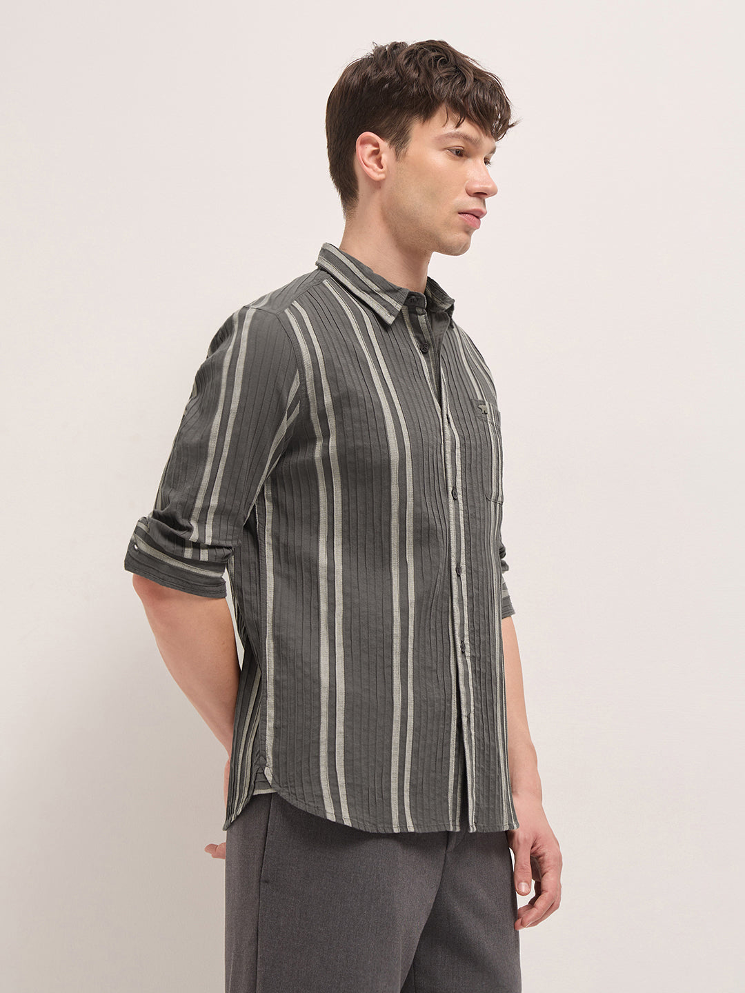 Grey Slim Fit Casual Shirt with Woven Vertical Textured Stripes