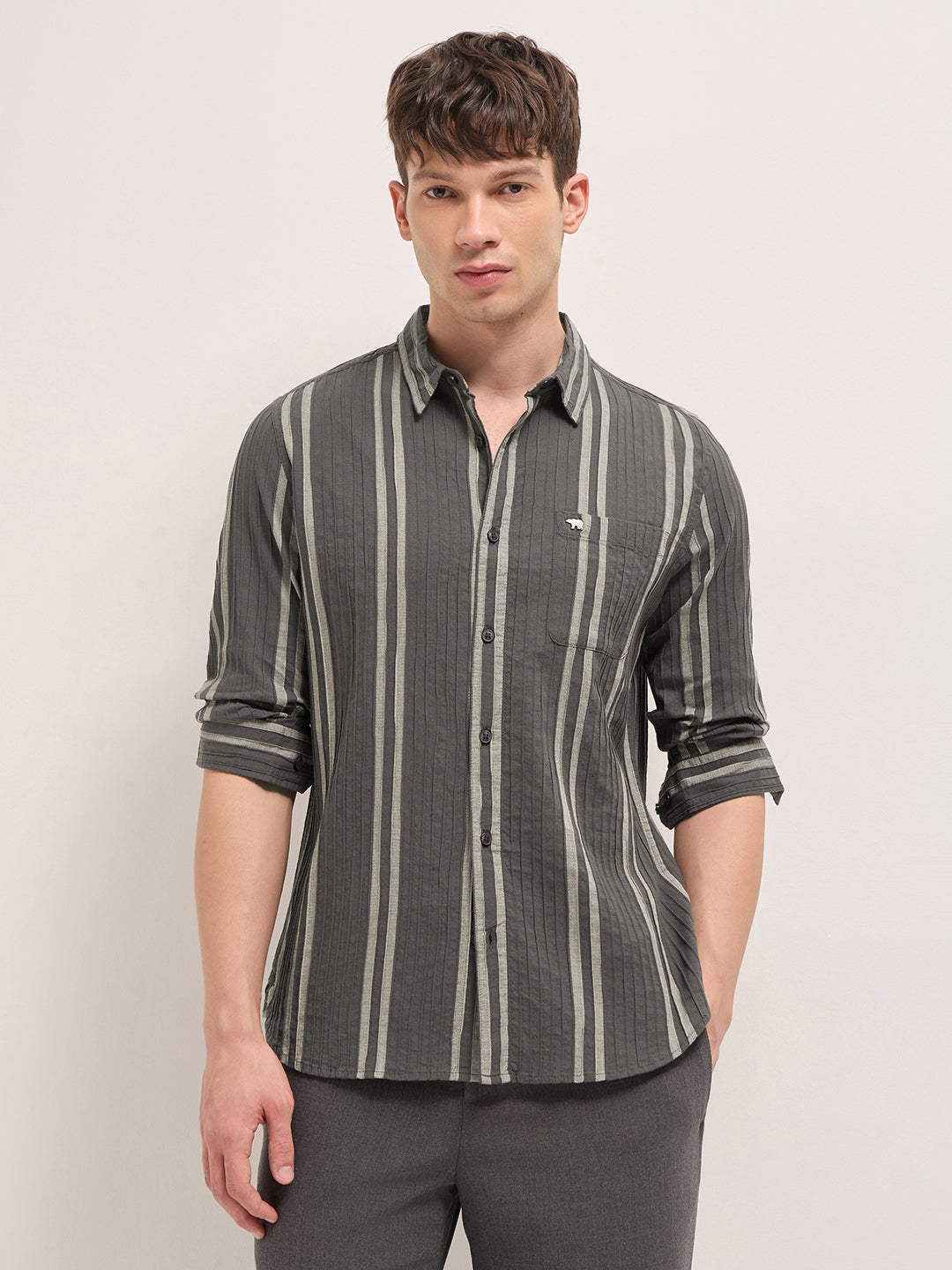 Grey Slim Fit Casual Shirt with Woven Vertical Textured Stripes