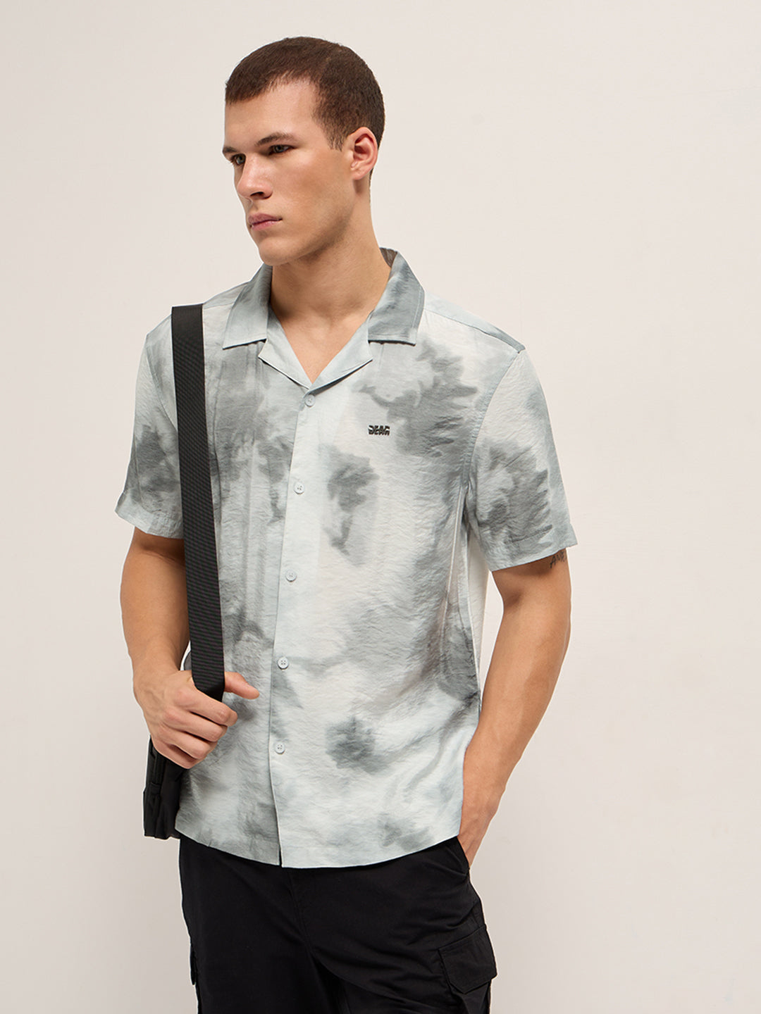 Light Grey Faded Abstract Print Relaxed Fit Cuban Collar Shirt