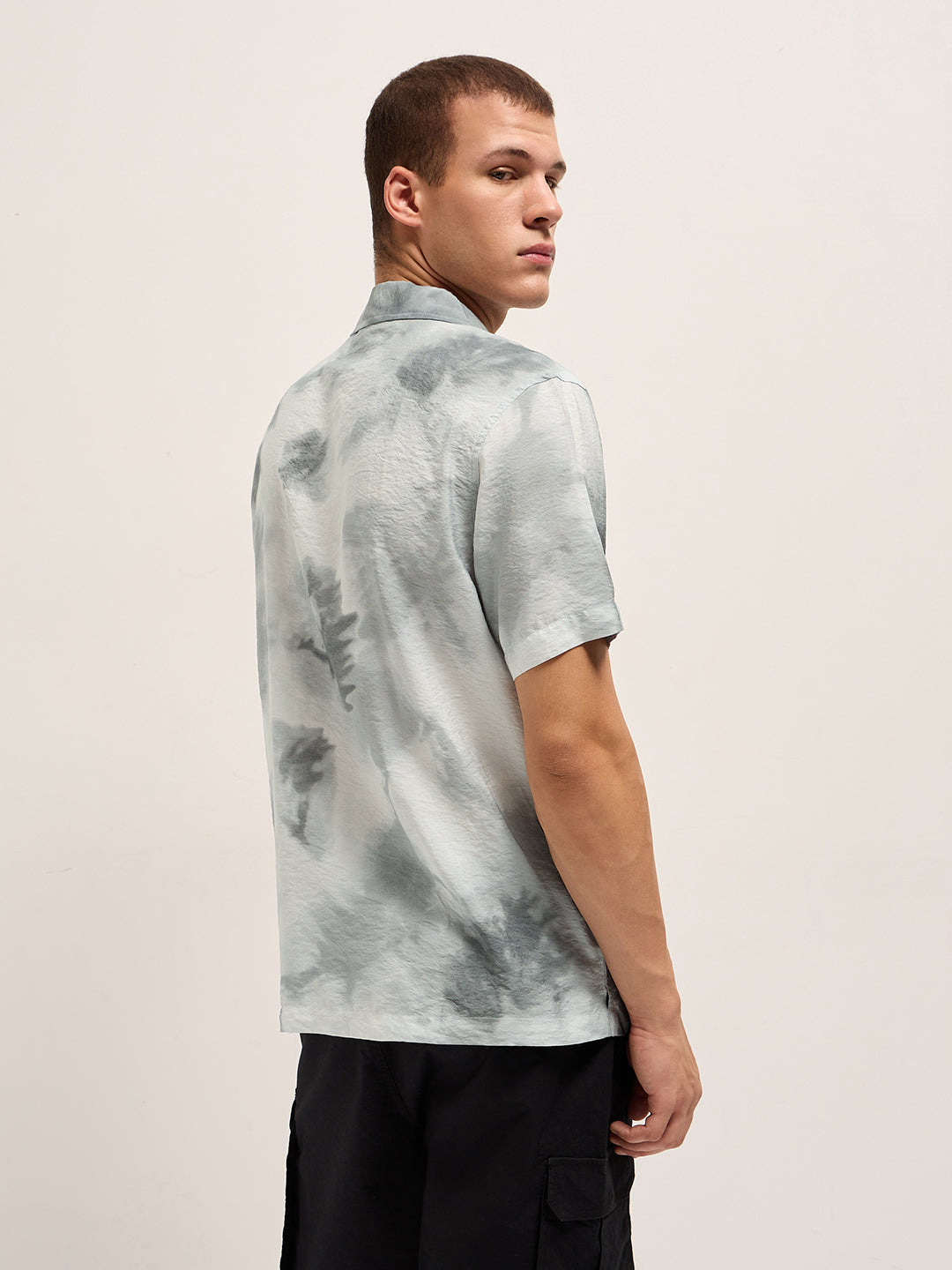 Light Grey Faded Abstract Print Relaxed Fit Cuban Collar Shirt