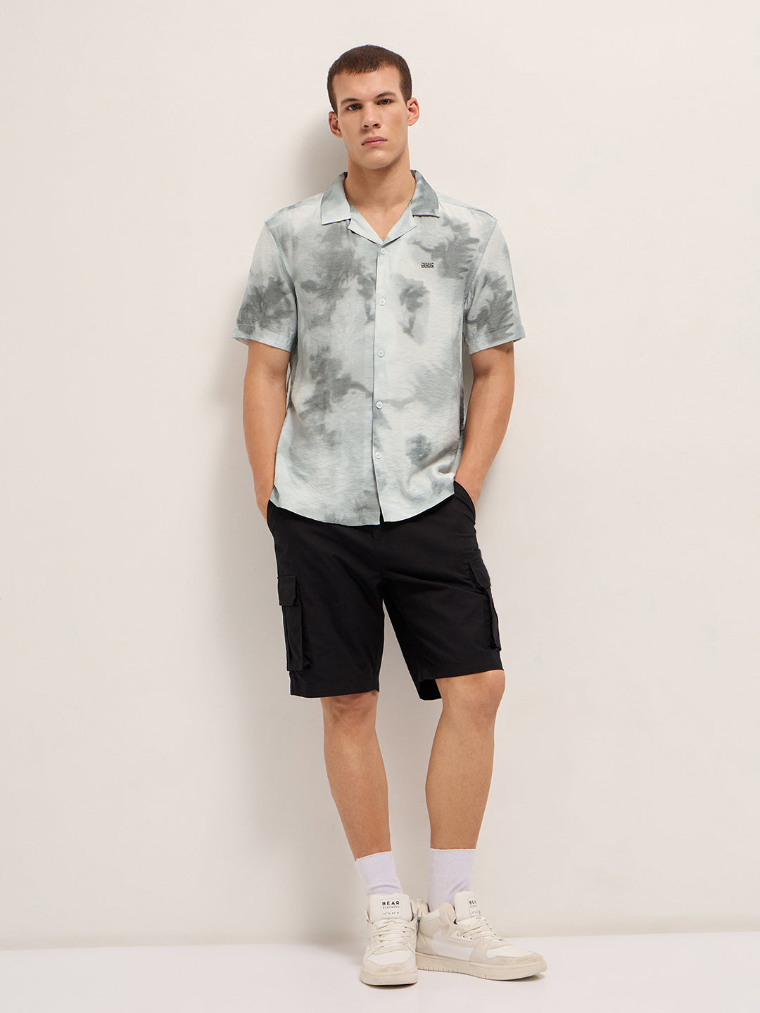 Light Grey Faded Abstract Print Relaxed Fit Cuban Collar Shirt