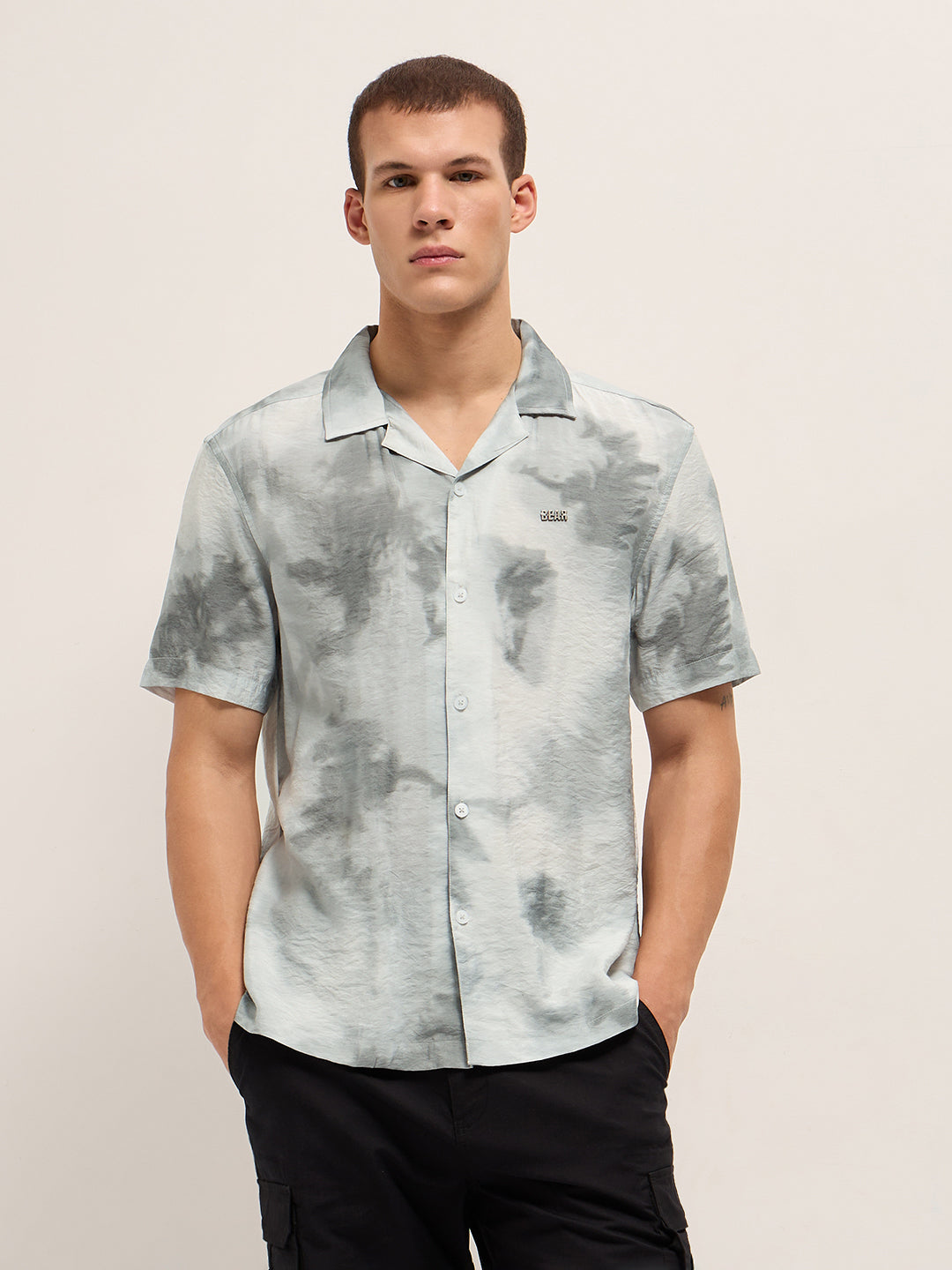 Light Grey Faded Abstract Print Relaxed Fit Cuban Collar Shirt