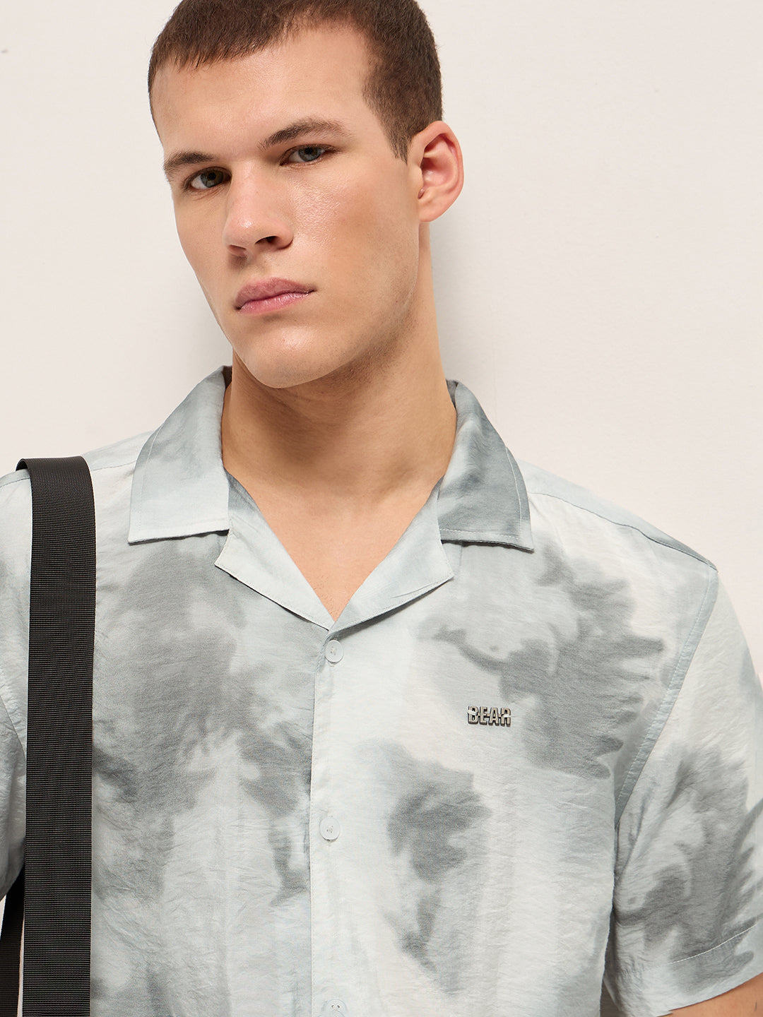 Light Grey Faded Abstract Print Relaxed Fit Cuban Collar Shirt
