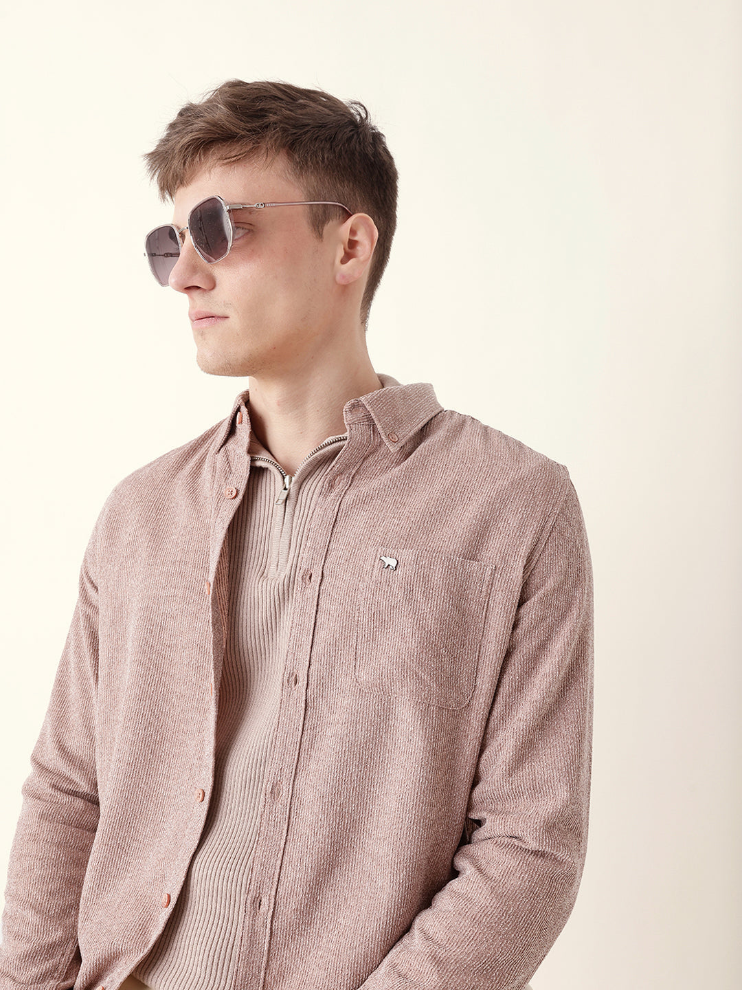 Dusty Pink Textured Woven Striped Slim Fit Casual Shirt