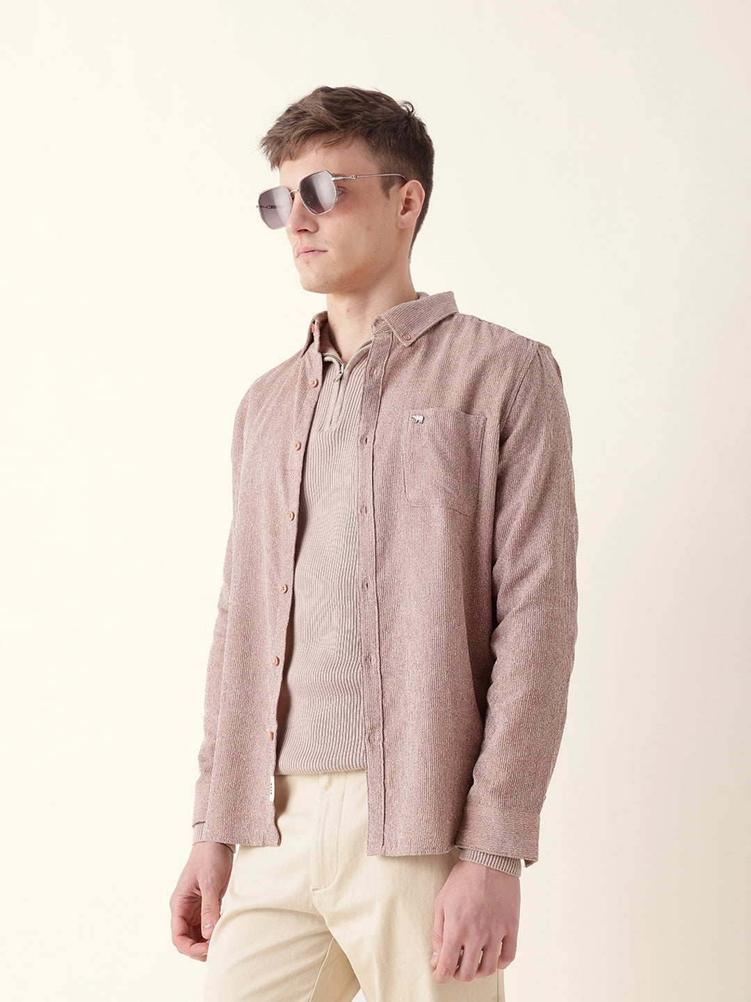 Dusty Pink Textured Woven Striped Slim Fit Casual Shirt