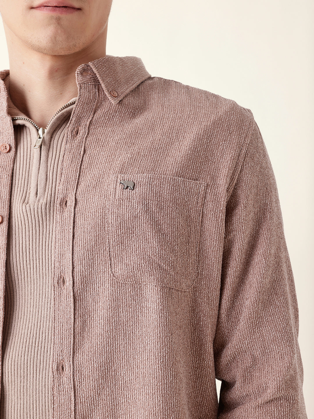 Dusty Pink Textured Woven Striped Slim Fit Casual Shirt