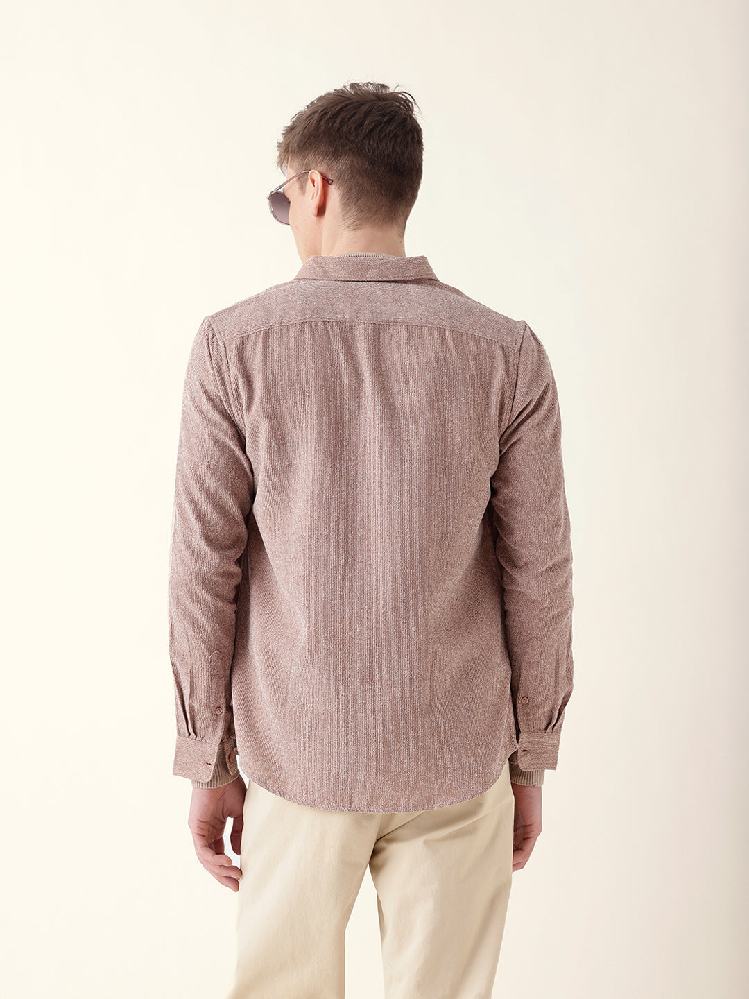 Dusty Pink Textured Woven Striped Slim Fit Casual Shirt