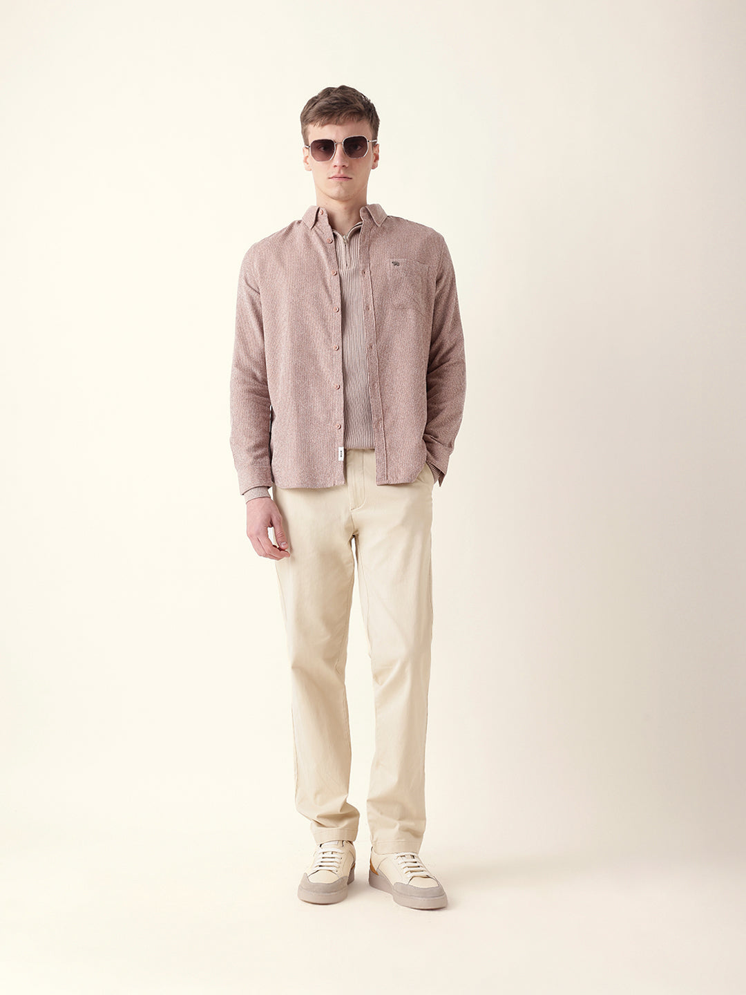 Dusty Pink Textured Woven Striped Slim Fit Casual Shirt