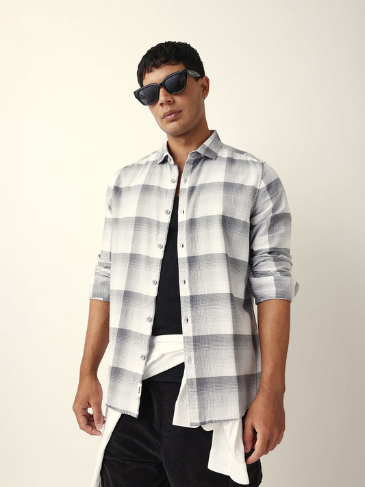 Grey with White Woven Checkered Slim Fit Casual Shirt