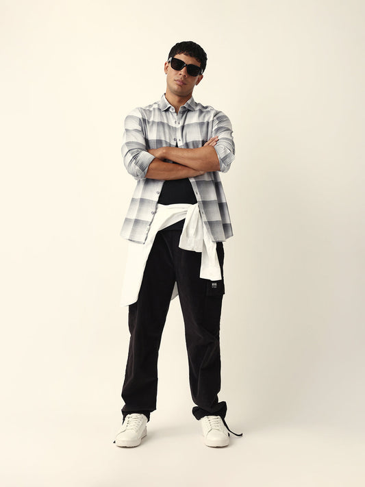Grey with White Woven Checkered Slim Fit Casual Shirt