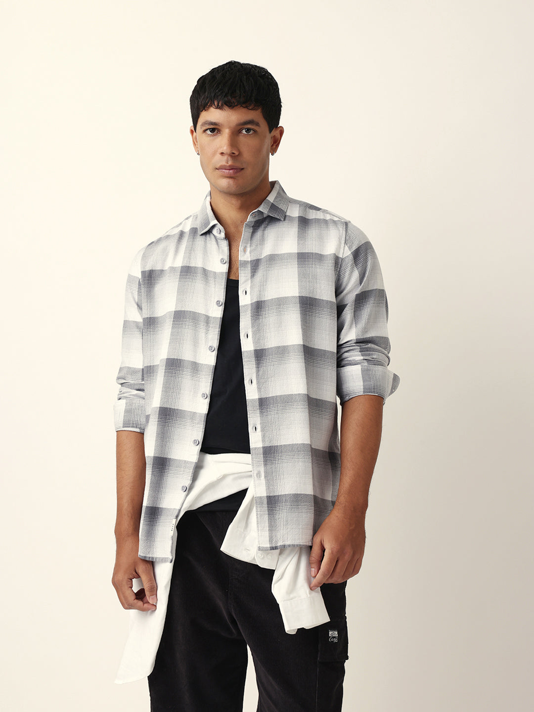Grey with White Woven Checkered Slim Fit Casual Shirt